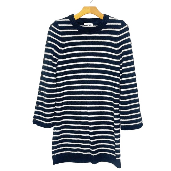 Madewell Size S Stripe Merino Wool Sweater Dress Tunic Button Sleeve